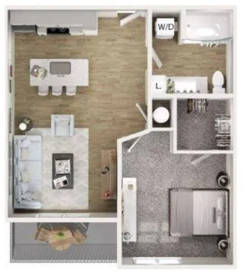 Floor plan for 1 bed, 1 bath, 637 sqft
